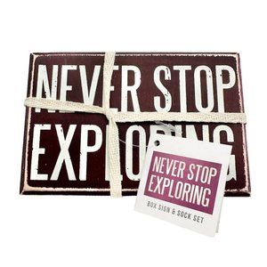 Primitives by Kathy 'Never Stop Exploring' Box Sign & Orange Socks Set NWT